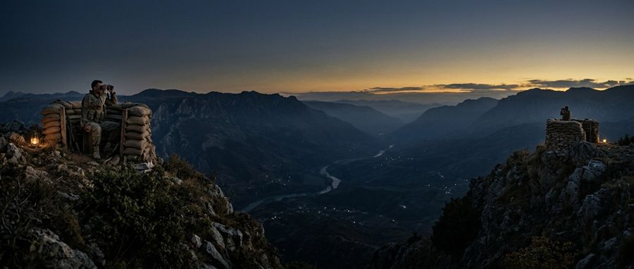 Soldiers on a ridge above a valley at dusk